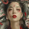 vintage poster of a Chinese woman with a dragon in her arms, in the style of Brian M. viveros, multi-layered compositions, takayuki takeya, uhd image, red and gray, intricate patterns and details, mic