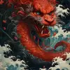 海浪中的红龙艺术版画，森本浩司风格，新传统日本，约翰·布兰奇，壁画和壁画，泰勒·沃尔波尔，激烈的特写，荒诞派--ar 71：128 --styleum 750 --v 5.2