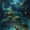 明亮的画作是一棵树，天空中有星星，呈梦幻般的幻想生物的风格，多层维度，旋转的漩涡，逼真的配色方案，深绿色和浅蓝色，充满灯光的风景，神秘的机制--ar 71：128 --styleum 750 --v 6
