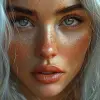一个白发女孩的形象，风格为Ross tran、浅青色和深橙色、guido van helten、特写镜头、漫画艺术、现实主义海洋画、动画GIF--ar 71：128 --styminster 750 --v 6