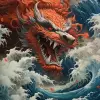 海浪中的红龙艺术版画，森本浩司风格，新传统日本，约翰·布兰奇，壁画和壁画，泰勒·沃尔波尔，激烈的特写，荒诞派--ar 71：128 --styleum 750 --v 5.2