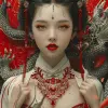 复古海报，一位中国妇女抱着龙，风格为Brian M。viveros，多层构图，takayuki takeya，uhd图像，红色和灰色，复杂的图案和细节，michael hussar --ar 71：128 --styleum 750 --v 6