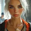 一个白发女孩的形象，风格为Ross tran、浅青色和深橙色、guido van helten、特写镜头、漫画艺术、现实主义海洋画、动画GIF--ar 71：128 --styminster 750 --v 6