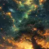 明亮的画作是一棵树，天空中有星星，呈梦幻般的幻想生物的风格，多层维度，旋转的漩涡，逼真的配色方案，深绿色和浅蓝色，充满灯光的风景，神秘的机制--ar 71：128 --styleum 750 --v 6