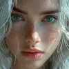 一个白发女孩的形象，风格为Ross tran、浅青色和深橙色、guido van helten、特写镜头、漫画艺术、现实主义海洋画、动画GIF--ar 71：128 --styminster 750 --v 6