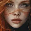 一件红发幻想女人的艺术作品，风格为现实主义、淡黄色、黑色和琥珀色，多种笔法，独特的鼻子，深白色和淡金色，我不敢相信这是多么美丽--ar 71：128 --v 6.0 