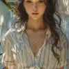 穿着条纹衬衫和白色裤子的女孩，汉娜·雅塔（hannah yata）风格，面部表情强烈，凯文·希尔（kevin hill），女性化的身材，淡靛蓝和深灰色，武田sana，波浪形--ar 71：128 --styminster 750 --v 6