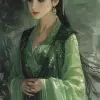 艺术版画，女人，中国，迷人的动漫人物风格，宁静的心情，徐悲鸿，乔恩·J·，深白色和浅黄色，优雅的姿势，肖像画--ar 71：128 --styleum 750 --v 6