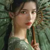 画的是一位穿着中国传统服饰、撑着竹伞的女子，浪漫漫画风格，空灵透明，深灰色，不敢相信这有多漂亮，浪漫插图，深灰色和深绿色，女性的感性--ar 71：128 --styleum 750 --v 6