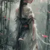 画的是一位穿着中国传统服饰、撑着竹伞的女子，浪漫漫画风格，空灵透明，深灰色，不敢相信这有多漂亮，浪漫插图，深灰色和深绿色，女性的感性--ar 71：128 --styleum 750 --v 6