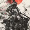 日本水墨画，武士传说风格，错综复杂的笔触，夕阳--ar 71：128