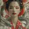 复古海报，一位中国妇女抱着龙，风格为Brian M。viveros，多层构图，takayuki takeya，uhd图像，红色和灰色，复杂的图案和细节，michael hussar --ar 71：128 --styleum 750 --v 6