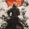 日本水墨画，武士传说风格，错综复杂的笔触，夕阳--ar 71：128