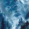 巫师壁纸，笔触探索风格，浅蓝色和靛蓝色，富有表现力的人物画，山景，雪景，工业画，特写--ar 71：128 --styleum 750 --v 6