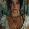 a girl with white shirt, in the style of comic book-style art, rendered in maya, junglecore, dark brown and white, soft-focused realism, neogeo, trashcore --ar 71:128 --stylize 750 --v 6