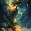 明亮的画作是一棵树，天空中有星星，呈梦幻般的幻想生物的风格，多层维度，旋转的漩涡，逼真的配色方案，深绿色和浅蓝色，充满灯光的风景，神秘的机制--ar 71：128 --styleum 750 --v 6