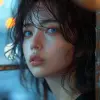 a young woman standing in front of a wall at a cafe, in the style of mamiya 7 ii, neo-pop sensibility, sana takeda, dark amber and cyan, shilin huang, konica auto s3, close up --ar 71:128 --stylize 75