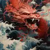 海浪中的红龙艺术版画，森本浩司风格，新传统日本，约翰·布兰奇，壁画和壁画，泰勒·沃尔波尔，激烈的特写，荒诞派--ar 71：128 --styleum 750 --v 5.2