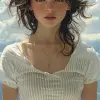 穿着条纹衬衫和白色裤子的女孩，汉娜·雅塔（hannah yata）风格，面部表情强烈，凯文·希尔（kevin hill），女性化的身材，淡靛蓝和深灰色，武田sana，波浪形--ar 71：128 --styminster 750 --v 6