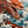 海浪中的红龙艺术版画，森本浩司风格，新传统日本，约翰·布兰奇，壁画和壁画，泰勒·沃尔波尔，激烈的特写，荒诞派--ar 71：128 --styleum 750 --v 5.2