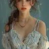 girl in striped shirt and white pants, in the style of hannah yata, strong facial expression, kevin hill, feminine body, light indigo and dark gold, sana takeda, wavy --ar 71:128 --stylize 750 --v 6