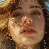 a woman with long hair in wind, in the style of pop inspo, hyper-realistic water, animated gifs, mario testino, close up, soft and dreamy, sky-blue and brown --ar 71:128 --stylize 750 --v 6