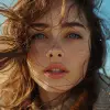风中留着长发的女人，流行Phuero风格，超现实的水，动画GIF，马里奥·特斯蒂诺，特写，柔和梦幻，天蓝色和棕色--ar 71：128 --styleston 750 --v 6