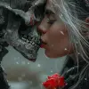 一个女人亲吻头骨的图像，以安德烈亚斯·罗查（Andreas Rocha）的风格，日本风格的艺术，哥特式参考，强烈的现实主义感，灰色和深红色，动漫风格的人物设计，黑白肖像--ar 35：64 --styleston 750 --v 6