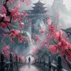 两个人走在一朵大樱花下的桥上，大气绘画的风格，灰色和海蓝宝石，喷枪艺术，深灰色和深灰色，可爱--ar 35：64 --styminster 750 --v 6