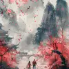 两个人走在一朵大樱花下的桥上，大气绘画的风格，灰色和海蓝宝石，喷枪艺术，深灰色和深灰色，可爱--ar 35：64 --styminster 750 --v 6