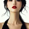 中国摄影师张静娜的水墨风格肖像，身穿黑色连衣裙，涂着红色口红，白底有着优雅的面孔。中国水墨风格的扁平、高清插图。--ar 71：129 --styminster 750