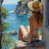 Impressionist painting of a woman in a summer dress and straw hat sitting on the stone wall of an old house, looking at the sea view from a window on a beautiful sunny day in Italy, visible brush stro
