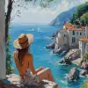 印象派画作，一位穿着夏装、戴着草帽的女人坐在老房子的石墙上，在意大利一个美丽的阳光明媚的日子里，透过窗户眺望海景，可见的印象派大师风格的笔触、阳光、树木、岩石、蓝色的水、海岸上的房屋--ar 71：129 --stylege 750