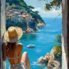 印象派画作，一位穿着夏装、戴着草帽的女人坐在老房子的石墙上，在意大利一个美丽的阳光明媚的日子里，透过窗户眺望海景，可见的印象派大师风格的笔触、阳光、树木、岩石、蓝色的水、海岸上的房屋--ar 71：129 --stylege 750