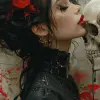 一个女人亲吻头骨的图像，以安德烈亚斯·罗查（Andreas Rocha）的风格，日本风格的艺术，哥特式参考，强烈的现实主义感，灰色和深红色，动漫风格的人物设计，黑白肖像--ar 35：64 --styleston 750 --v 6