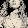 black and white portrait of a woman wearing a tshirt, in the style of detailed comic book art, 32k uhd, animated gifs, i can't believe how beautiful this is, detailed character illustrations, curv