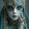 一个女人脸上戴着精致的面具，风格有vray Tracy、景泰蓝、绿松石和金色，微型雕塑，印象派威尼斯场景，现实奇幻艺术品，精致的细节--ar 35：64 --styleum 750 --v 6