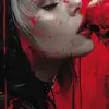 一个女人亲吻头骨的图像，以安德烈亚斯·罗查（Andreas Rocha）的风格，日本风格的艺术，哥特式参考，强烈的现实主义感，灰色和深红色，动漫风格的人物设计，黑白肖像--ar 35：64 --styleston 750 --v 6
