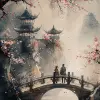 两个人走在一朵大樱花下的桥上，大气绘画的风格，灰色和海蓝宝石，喷枪艺术，深灰色和深灰色，可爱--ar 35：64 --styminster 750 --v 6