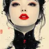 中国摄影师张静娜的水墨风格肖像，身穿黑色连衣裙，涂着红色口红，白底有着优雅的面孔。中国水墨风格的扁平、高清插图。--ar 71：129 --styminster 750