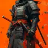全副武装的武士，新川洋二和多米尼克·梅耶尔风格的概念艺术，色彩鲜艳，构图动态，橙色背景，具有传统日本元素，具有史诗般的冒险感。--ar 35：64 --styminster 750