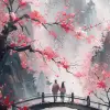 两个人走在一朵大樱花下的桥上，大气绘画的风格，灰色和海蓝宝石，喷枪艺术，深灰色和深灰色，可爱--ar 35：64 --styminster 750 --v 6