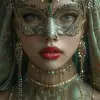 一个女人脸上戴着精致的面具，风格有vray Tracy、景泰蓝、绿松石和金色，微型雕塑，印象派威尼斯场景，现实奇幻艺术品，精致的细节--ar 35：64 --styleum 750 --v 6