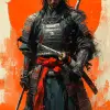 全副武装的武士，新川洋二和多米尼克·梅耶尔风格的概念艺术，色彩鲜艳，构图动态，橙色背景，具有传统日本元素，具有史诗般的冒险感。--ar 35：64 --styminster 750