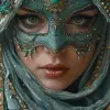 一个女人脸上戴着精致的面具，风格有vray Tracy、景泰蓝、绿松石和金色，微型雕塑，印象派威尼斯场景，现实奇幻艺术品，精致的细节--ar 35：64 --styleum 750 --v 6