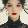 中国摄影师张静娜的水墨风格肖像，身穿黑色连衣裙，涂着红色口红，白底有着优雅的面孔。中国水墨风格的扁平、高清插图。--ar 71：129 --styminster 750