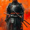 全副武装的武士，新川洋二和多米尼克·梅耶尔风格的概念艺术，色彩鲜艳，构图动态，橙色背景，具有传统日本元素，具有史诗般的冒险感。--ar 35：64 --styminster 750