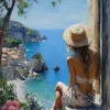 印象派画作，一位穿着夏装、戴着草帽的女人坐在老房子的石墙上，在意大利一个美丽的阳光明媚的日子里，透过窗户眺望海景，可见的印象派大师风格的笔触、阳光、树木、岩石、蓝色的水、海岸上的房屋--ar 71：129 --stylege 750
