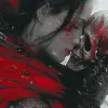 一个女人亲吻头骨的图像，以安德烈亚斯·罗查（Andreas Rocha）的风格，日本风格的艺术，哥特式参考，强烈的现实主义感，灰色和深红色，动漫风格的人物设计，黑白肖像--ar 35：64 --styleston 750 --v 6
