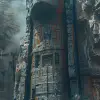 女人站在一座巨大的雕像前，以电影布景的风格，Fenghua Zhong，alessio albi，红色和灰色，cliff chiang，电影/视频，细致的技巧--ar 35：64 --styleum 750 --v6
